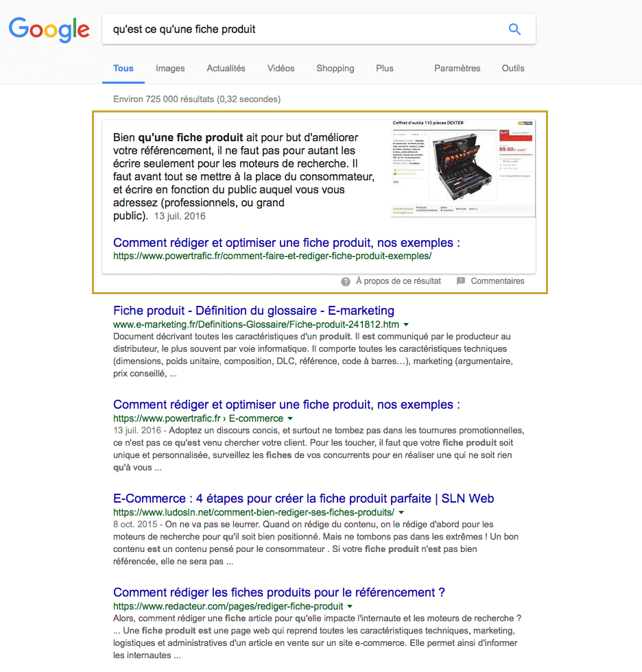Illustration d'un résultat de recherche en position zéro
